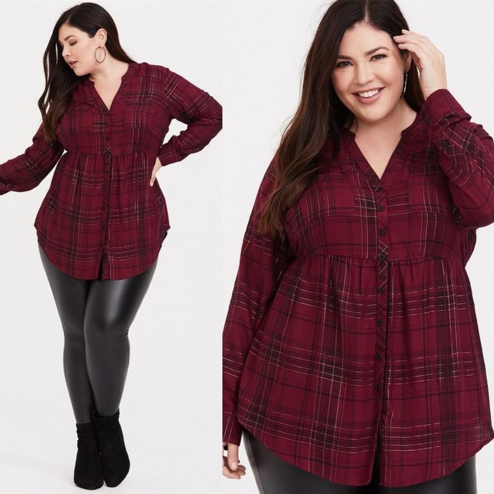 Womens High-low Burgundy Plaid Button-Front Peplum Shirt